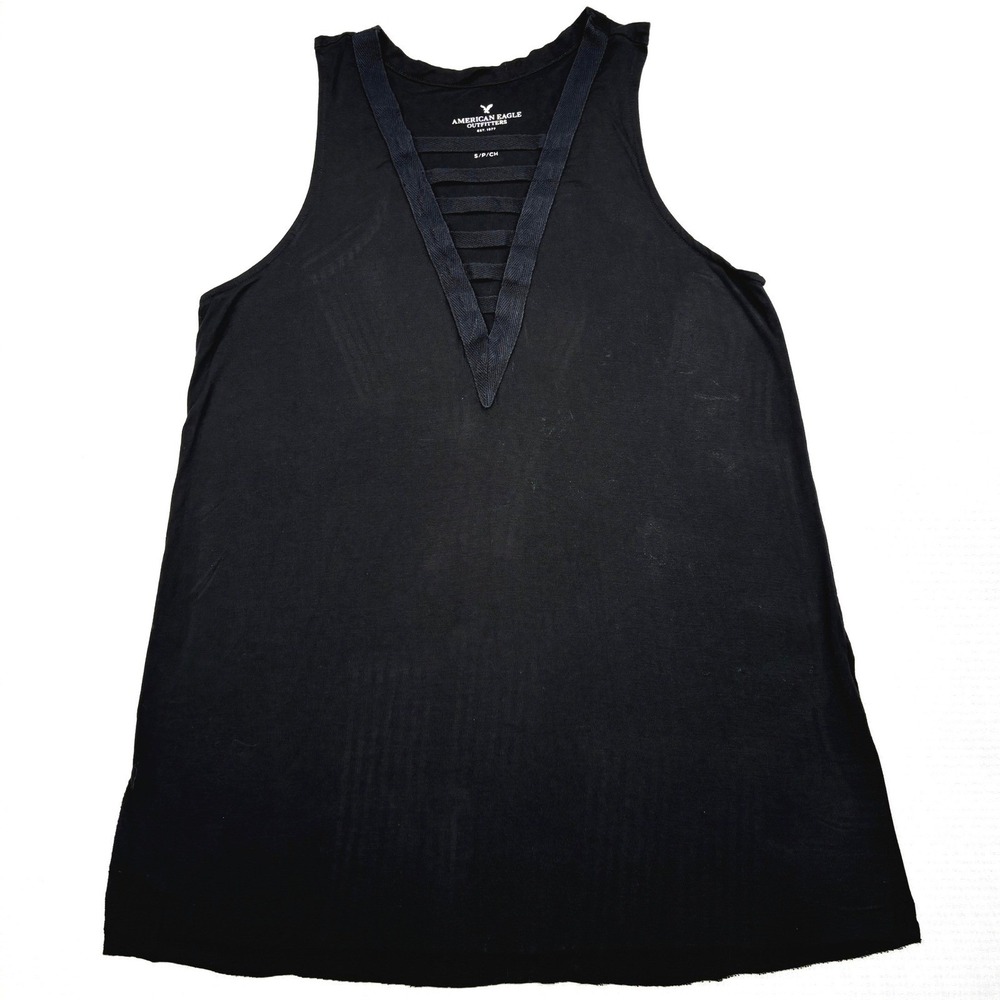 American Eagle Tank Top Womens Small Black Strappy Caged Front Racerback Swing